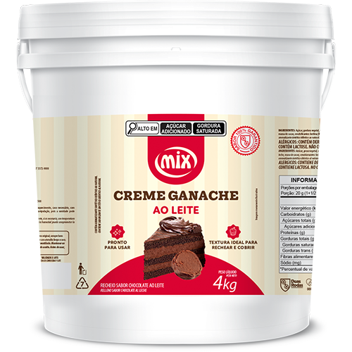 Creme Ganache Sabor Chocolate Ao Leite, Mix Ingredientes embalagem de 4kg