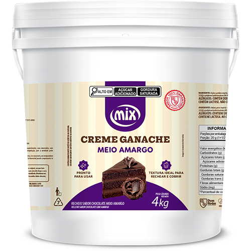 Creme Ganache Sabor Chocolate Meio Amargo, Mix Ingredientes embalagem de 4kg