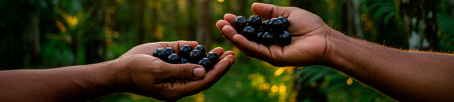 Mãos segurando frutos da palmeira juçara.