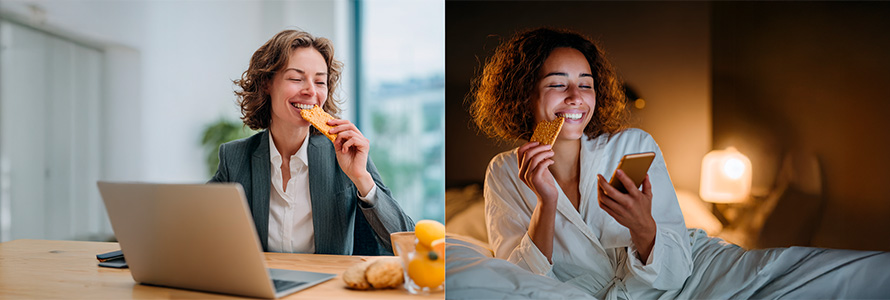 Mulher consumindo biscoitos.