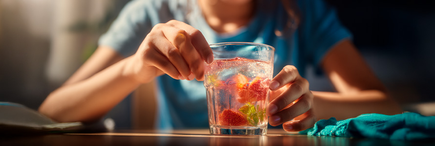 Person holding a glass of water with fruits and vegetables, reinforcing healthy habits and consumption of nutritious liquids.
