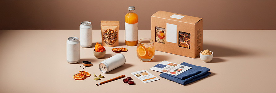 Diversos produtos de alimentos e bebidas saudáveis, incluindo sucos naturais, snacks, frutas secas e papelaria, dispostos sobre uma mesa em um estilo minimalista.