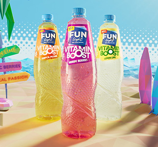 Three bottles of boost vitamins in different colors, yellow, pink and clear, arranged on a beach with colorful umbrellas in the background, promoting supplementation and energy for the summer.