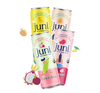Cans of Juni brand soda in a variety of flavors, including strawberry and berry, attractively and colorfully packaged, ideal for healthy consumption.