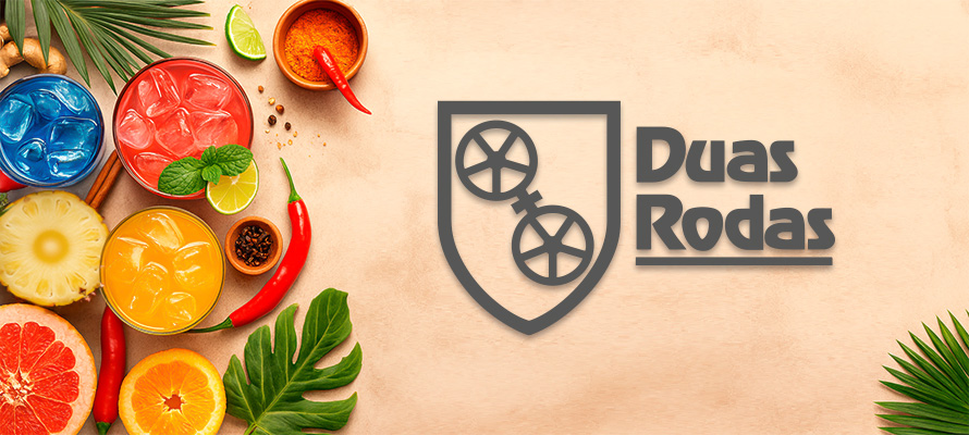 Image of colorful drink ingredients, such as fruit, ice, spices, and bartending utensils, with the Duas Rodas logo next to them, ideal for those looking for drink recipes and mixology tips.