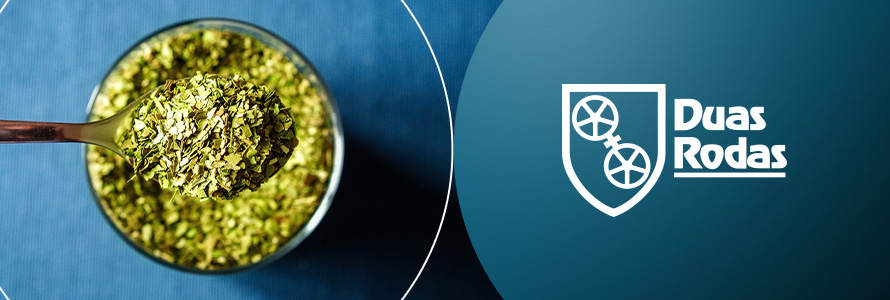 Estandarte de un tarro de yerba mate con el logotipo de Duas Rodas.