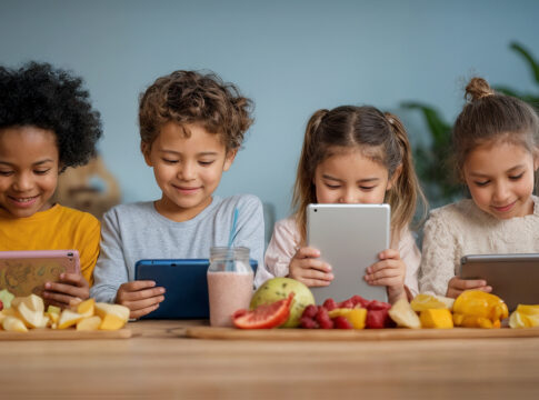 Grupo de crianças mexendo em tablets durante a refeição.