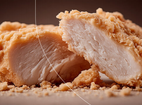 Crispy breaded chicken cut in half