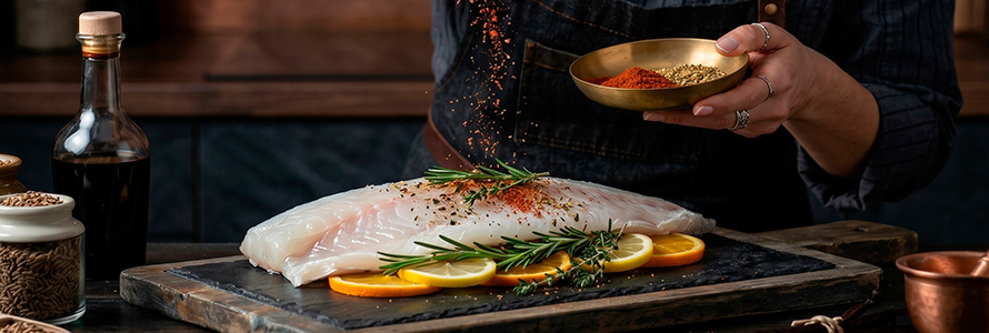 Raw fish fillet with spices.