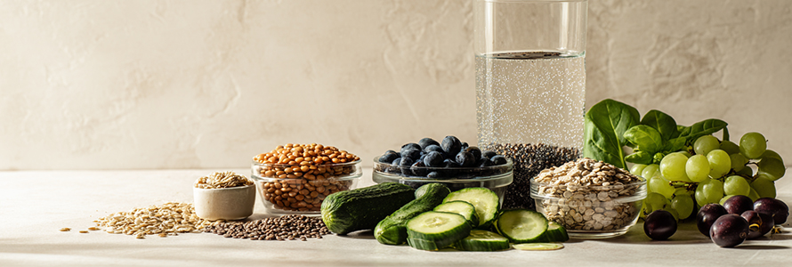 Fiber-rich foods and a glass of water.