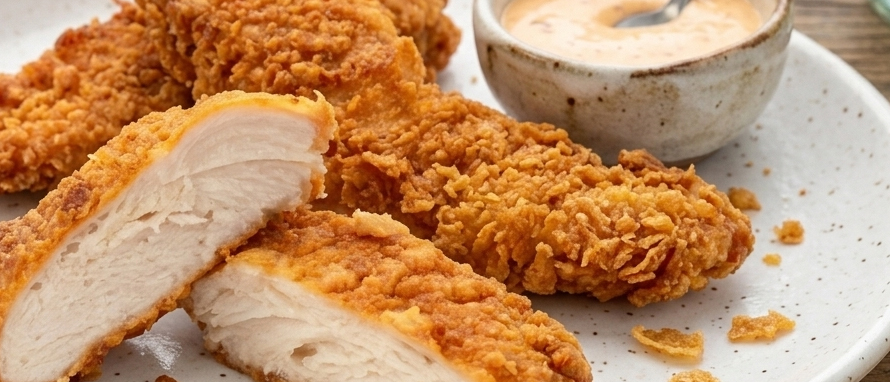Frango empanado fatiado com molho rosé