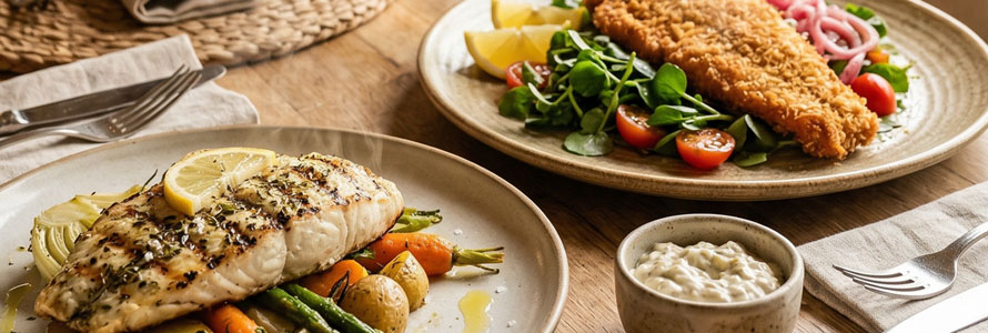 Two plated fish dinner dishes.