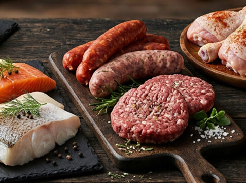 Variedade de carnes e peixes crus