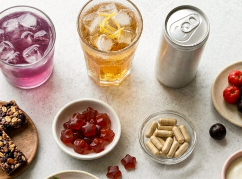 Bebidas, barras de cereal, gomas e cápsulas com frutas