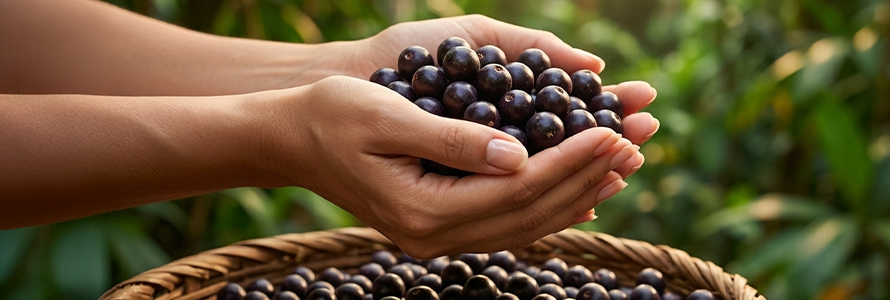 Mãos segurando frutos de açaí sobre cesto