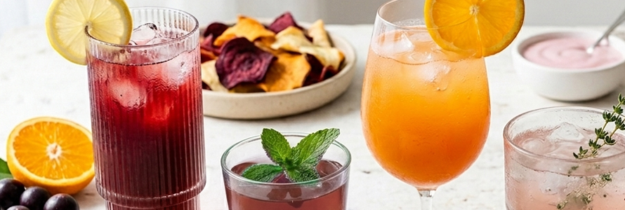 Drinques coloridos com frutas, chips e hortelã