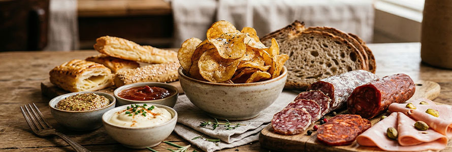 Spread with charcuterie, chips and bread