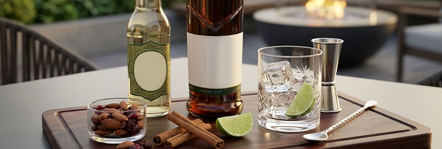Wooden tray with spirit bottles, whiskey glass, lime and cinnamon