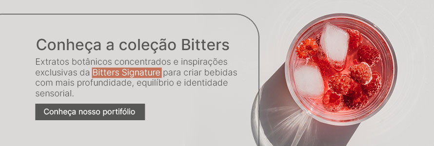 Banner promocional da coleção Bitters Signature com coquetel de framboesa