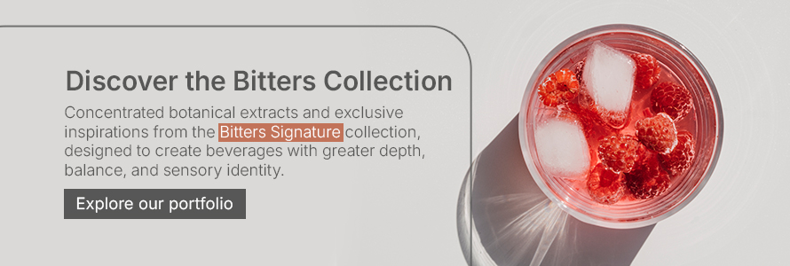 Promotional banner for Bitters Signature collection with raspberry cocktail