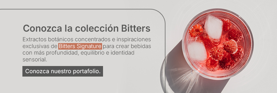 Banner promocional de la colección Bitters Signature con cóctel de frambuesa