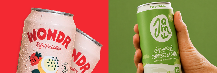 Latas de refrigerante prebiótico e ginger ale funcional