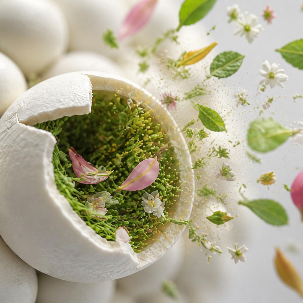 The aroma is protected inside tiny capsules and released when they break open in response to a specific condition, such as heat, humidity, pressure, or friction.